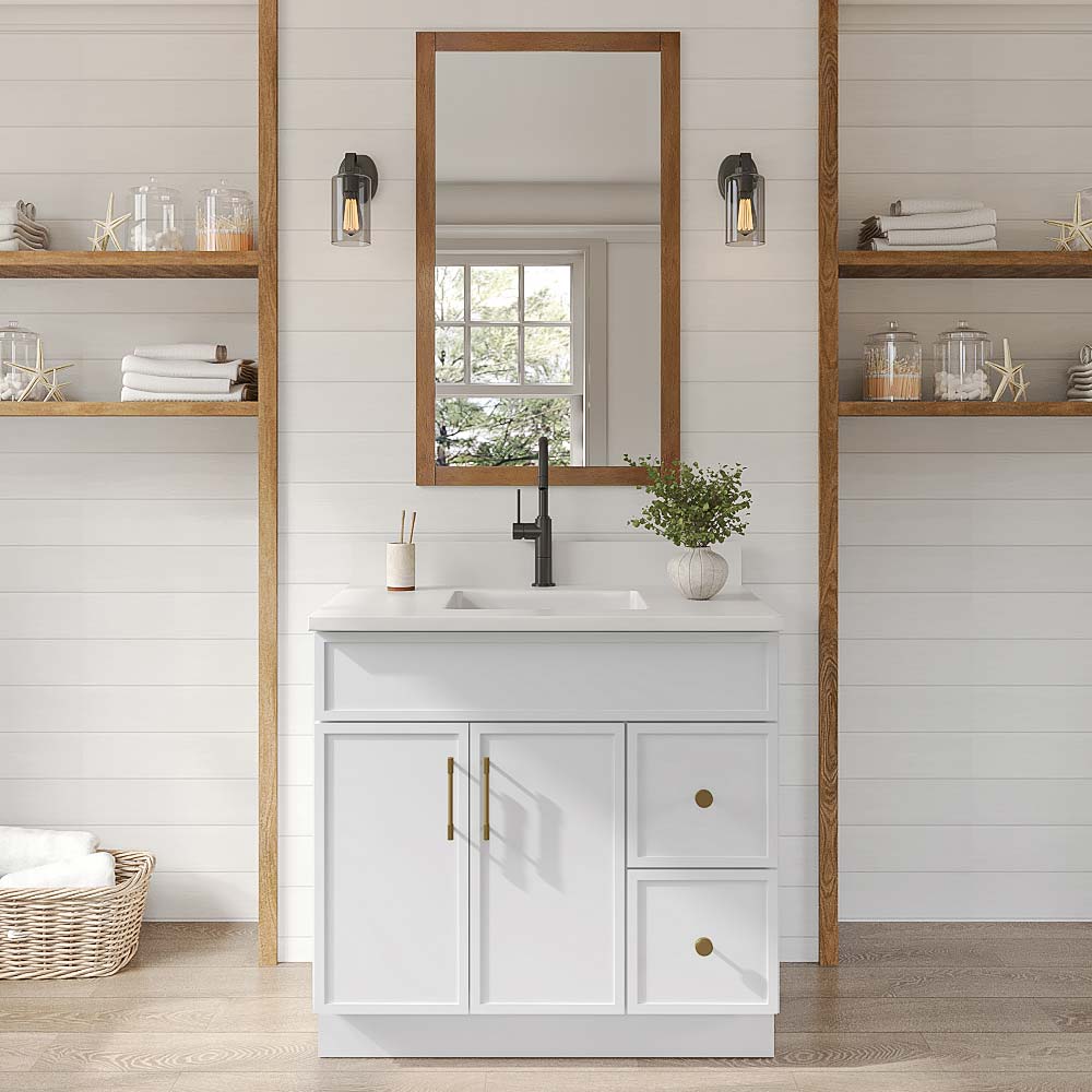 Slim White Shaker Vanity Sink Base Right Drawer Stacking Cabinet - 36" W