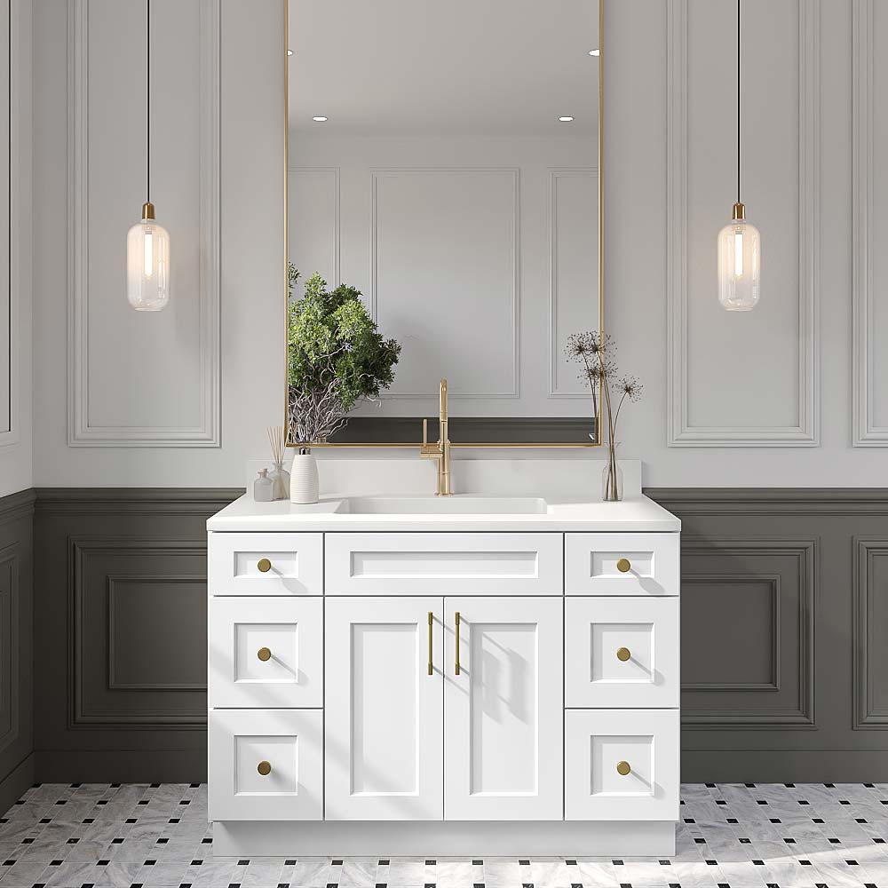 Frosted White Vanity Double Drawer Combo Base Cabinet - 48"W x 34-1/2"H x 21"D