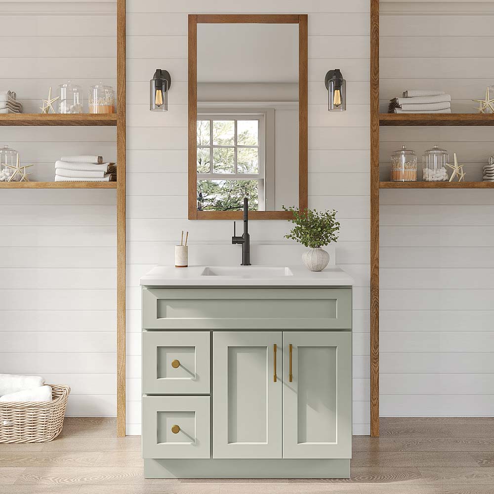 Sage Green Shaker Vanity Sink Base Left Drawer Stacking Cabinet - 36" W