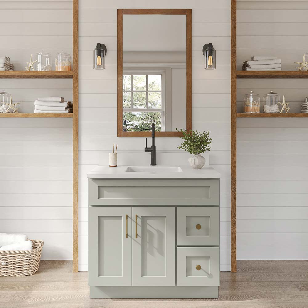 Sage Green Shaker Vanity Sink Base Right Drawer Stacking Cabinet - 36" W