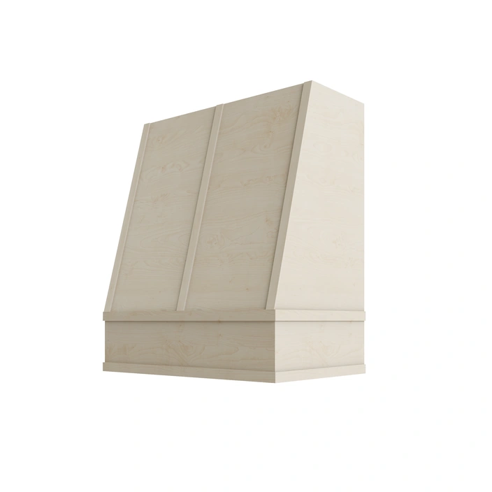 Wood Wall Mount Range Hood with Flat Trim and Strapping – Angled Style