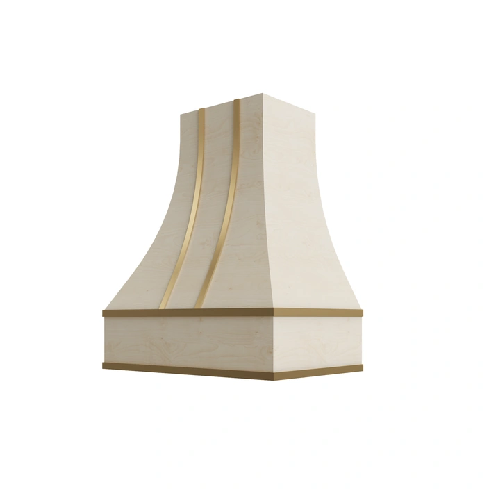 Wood Wall Mount Range Hood with Brass Strapping – Curved Style