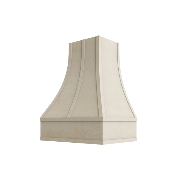 Wood Wall Mount Range Hood with Flat Trim and Strapping – Curved Style