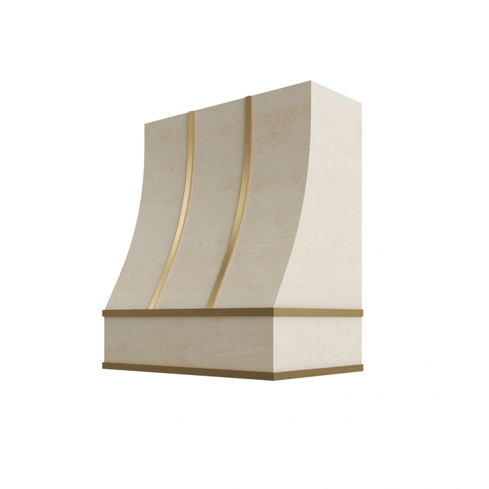 Wood Wall Mount Range Hood with Brass Strapping – Sloped Style