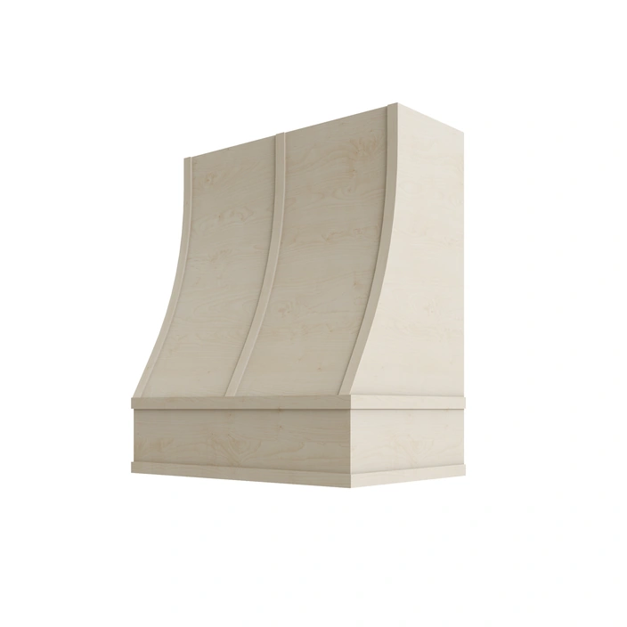 Wood Wall Mount Range Hood with Flat Trim and Strapping – Sloped Style