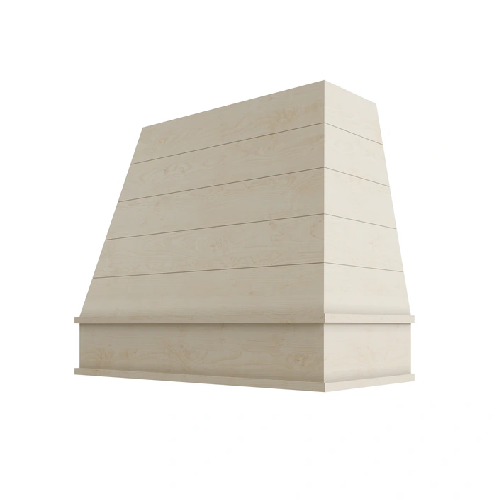Wood Wall Mount Range Hood with Shiplap and Block Trim – Tapered Style