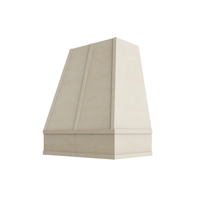 Wood Wall Mount Range Hood with Flat Trim and Strapping – Tapered Style