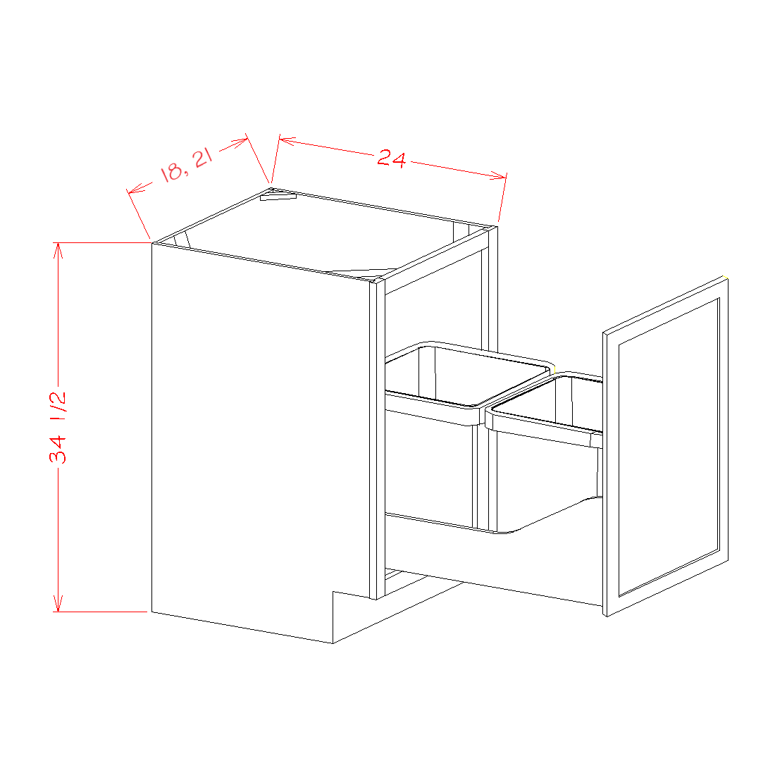 Timber Sand Full Height Door Base with Two Trashcan Pullout - 21"W x 34-1/2"H x 24"D