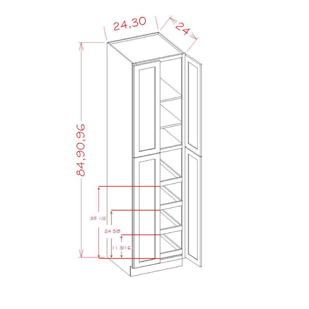 Timber Sand Four Rollout Shelf Pantry Cabinet - 24"W x 96"H x 24"D